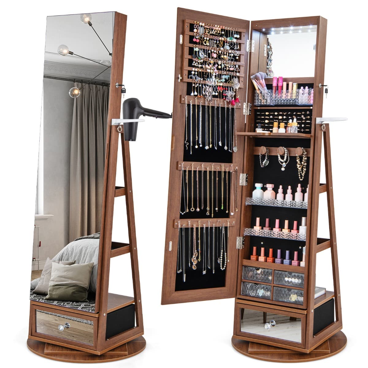 CostwayArmoire à Bijoux Pivotante à 360°Miroir Pleine Longueur Lumières LED Etagère 3 Niveaux Porte Verrouillable Marron